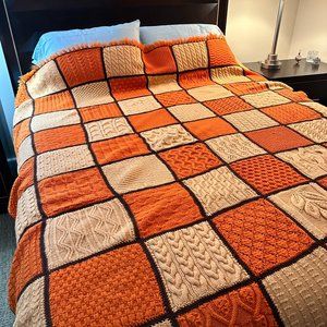 Hand Knit, All Wool Queen Size Afghan Blanket – Tangerine/Apricot